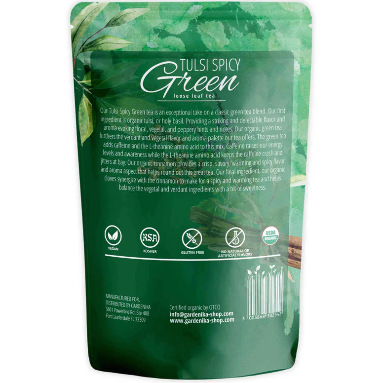 Gardenika Tulsi Spicy Green Tea, Loose Leaf, USDA Organic, 55+ Cups – 4 Oz (113g) - 