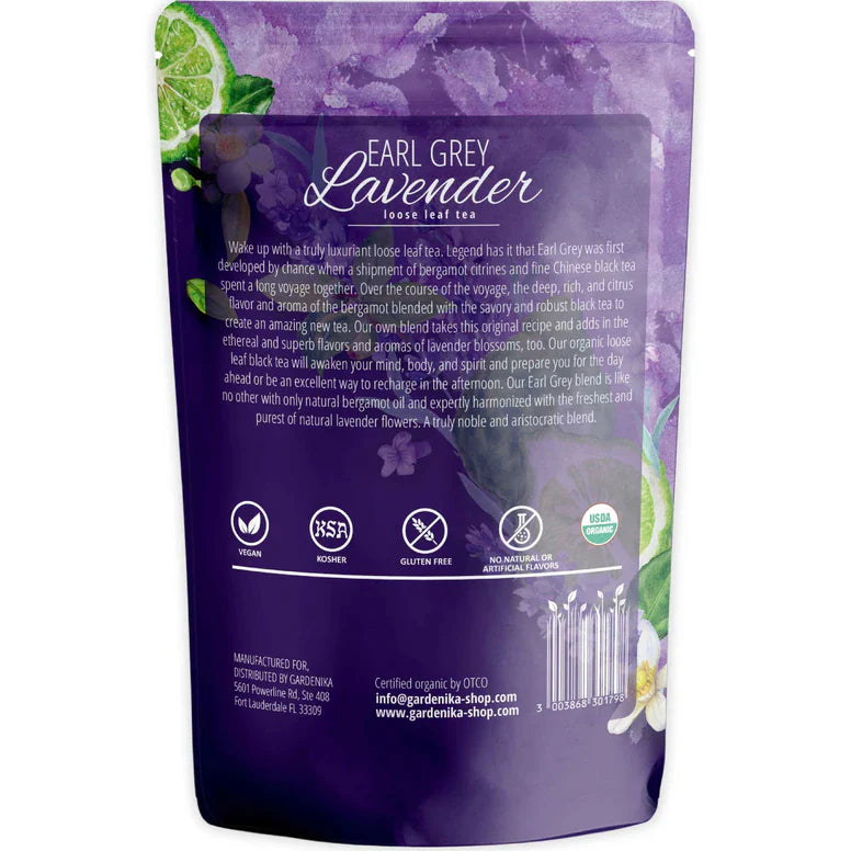 Gardenika Earl Grey Lavender Tea, Loose Leaf, USDA Organic, 55+ Cups – 4 Oz (113g) - 